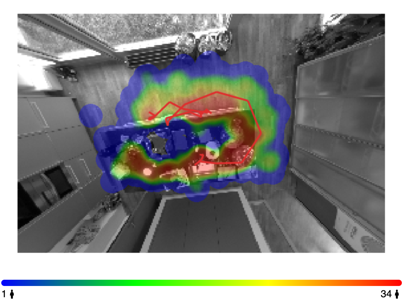 Heatmap of sensed occupancy overlaid on room map